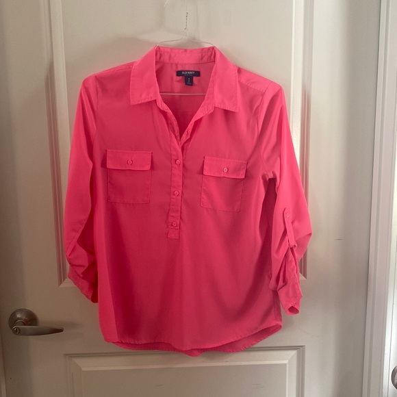 Neon Pink Button Up Blouse with Pockets - Picture 1 of 4